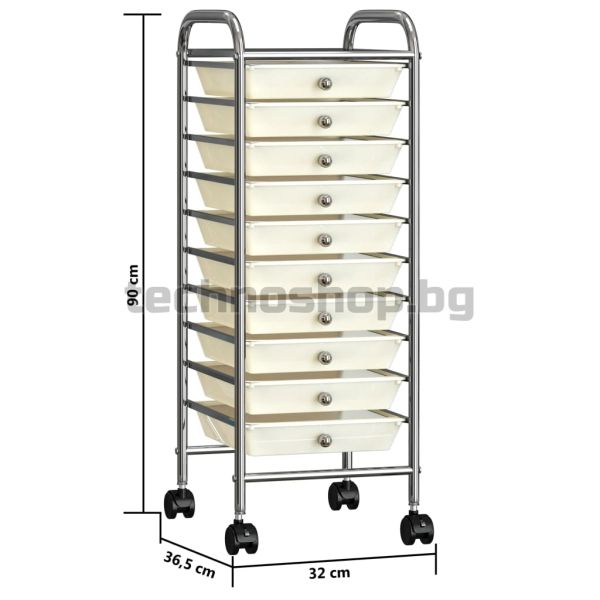 Мобилна количка за съхранение с 10 чекмеджета бяла пластмаса