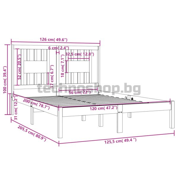Рамка за легло, бяла, бор масив, 120x200 см