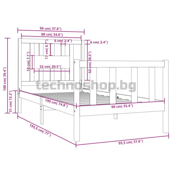 Рамка за легло, дърво масив, 90x190 см, Single