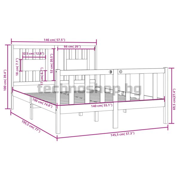 Рамка за легло, бяла, масивно дърво, 140х190 см
