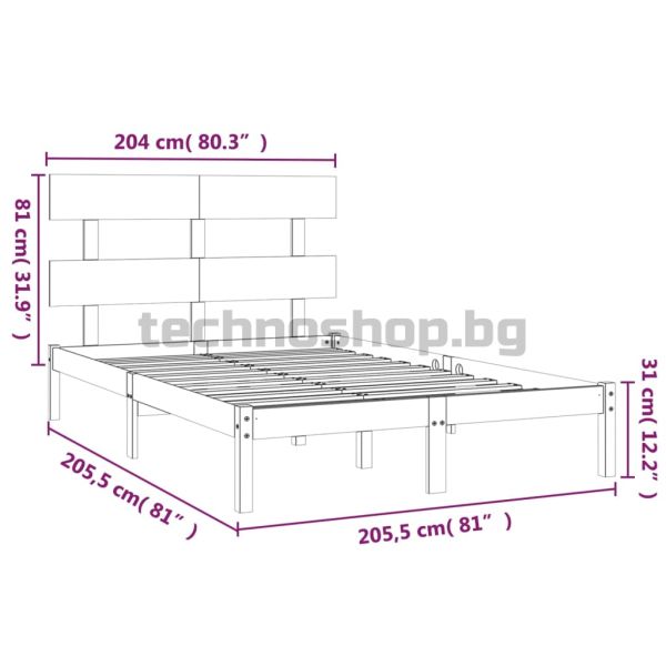 Рамка за легло, бяла, дърво масив, 200x200 см