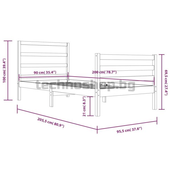 Рамка за легло, бор масив, 90х200 см