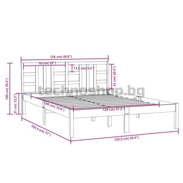 Рамка за легло, дърво масив, 120x190 см, Small Double