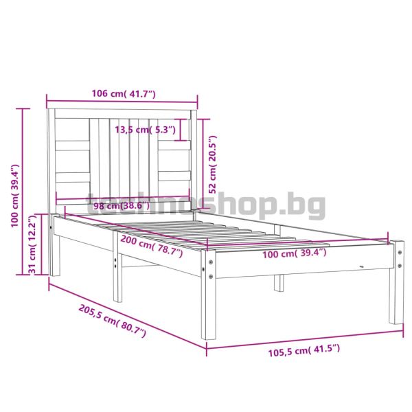Рамка за легло, дърво масив, 100x200 см