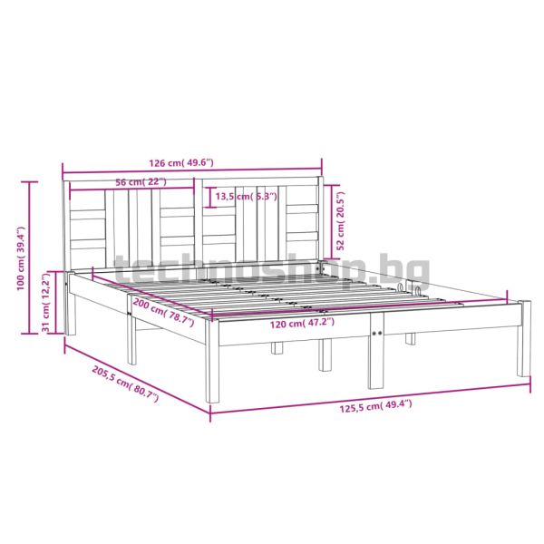 Рамка за легло, бяла, дърво масив, 120x200 см