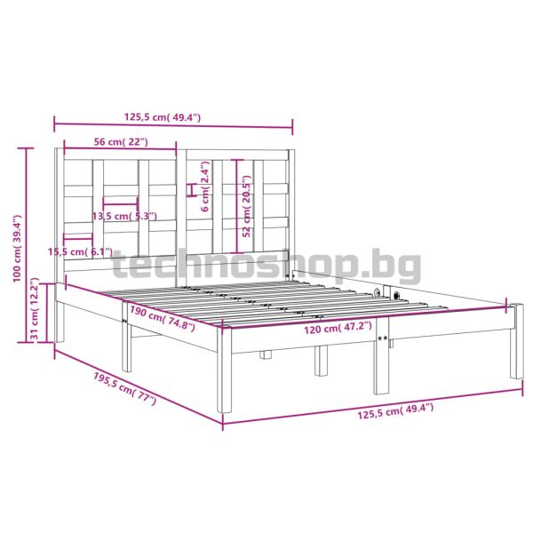 Рамка за легло, дърво масив, 120x190 см, Small Double