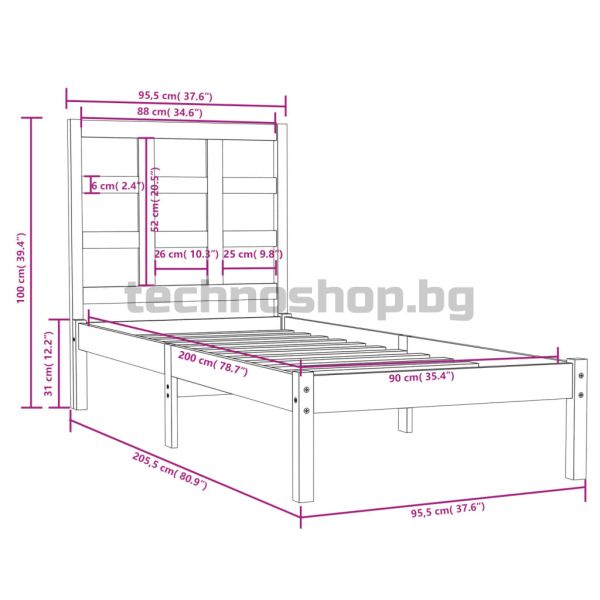 Рамка за легло, дърво масив, 90х200 см