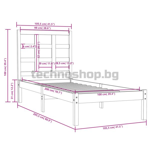 Рамка за легло, дърво масив, 100x200 см