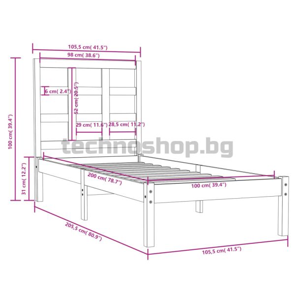 Рамка за легло, бяла, дърво масив, 100x200 см