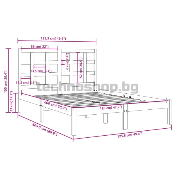 Рамка за легло, бяла, дърво масив, 120x200 см