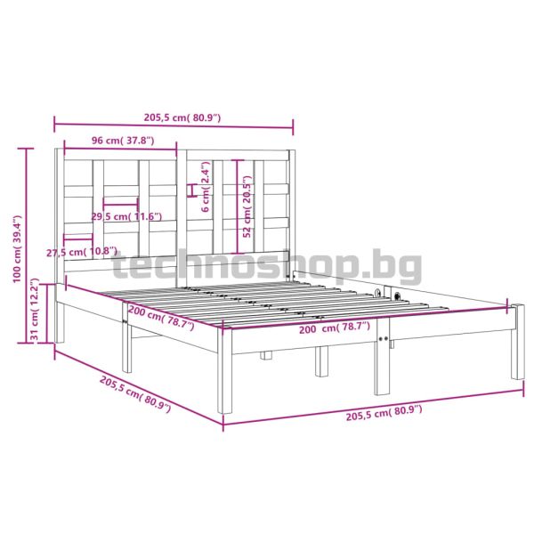 Рамка за легло, сива, дърво масив, 200х200 см