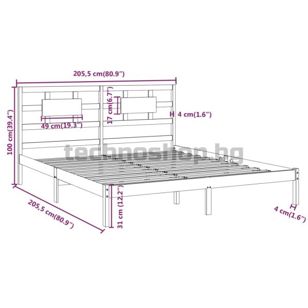 Рамка за легло, сива, дърво масив, 200х200 см