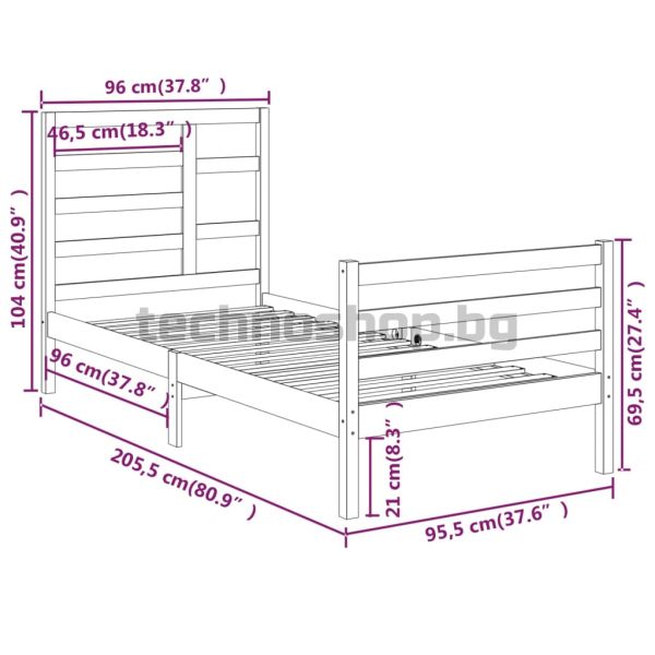 Рамка за легло, бяла, дърво масив, 90х200 см