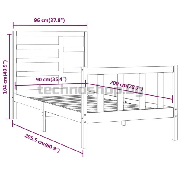 Рамка за легло без матрак, бял, 90x200 см, бор масив