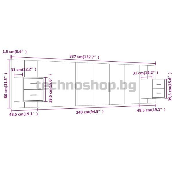 Горна табла за легло с шкафчета, опушен дъб, инженерно дърво