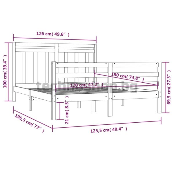 Рамка за легло, дърво масив, 120x190 см, Small Double