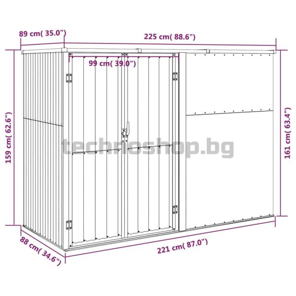 Градинска барака, сива, 225x89x161 см, поцинкована стомана
