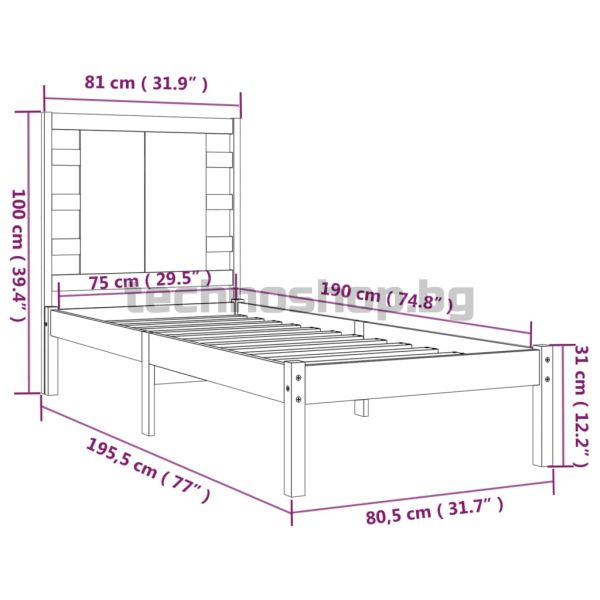 Рамка за легло черна масивно дърво 75x190 см Small Single