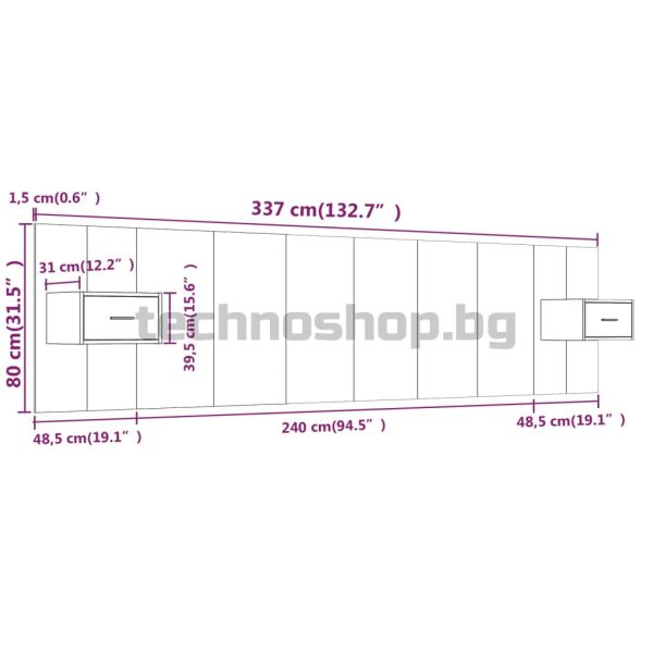 Горна табла за легло с шкафчета, бяла, инженерно дърво