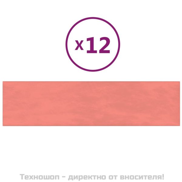 Стенни панели, 12 бр, розови, 60x15 см, кадифе, 1,08 м²