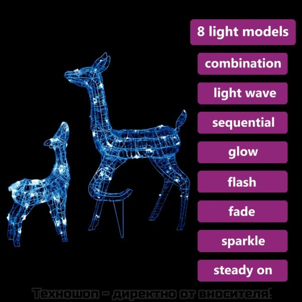 Акрилна коледна украса семейство елени, 160 LED, синьо