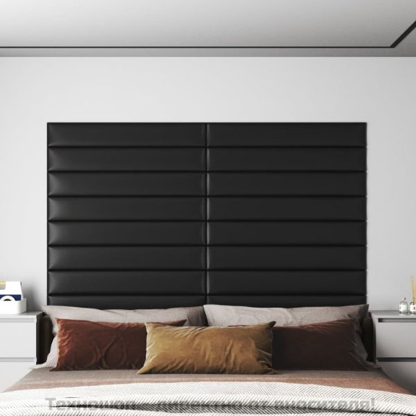 Стенни панели, 12 бр, черни, 90x15 см, изкуствена кожа, 1,62 м²