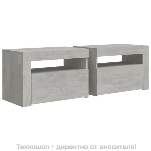 Нощни шкафчета, 2 бр, с LED, бетонно сиви, 60x35x40 см