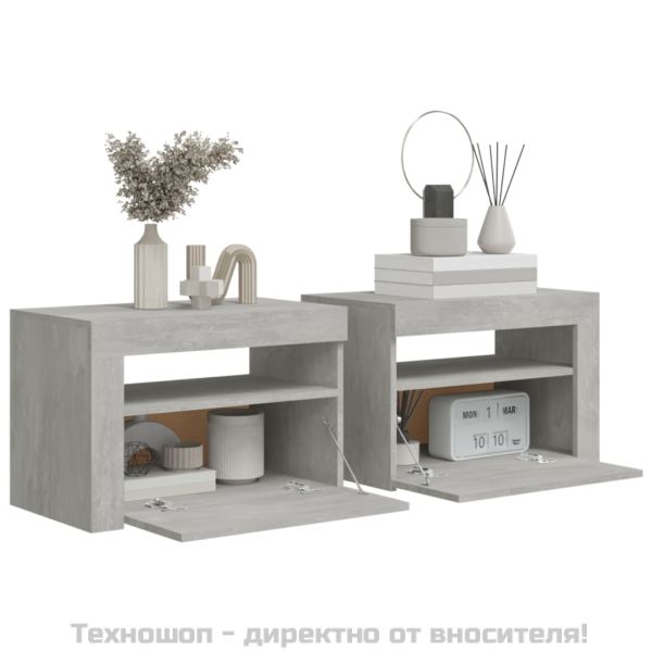 Нощни шкафчета, 2 бр, с LED, бетонно сиви, 60x35x40 см