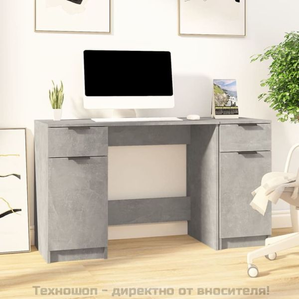 Бюро със страничен шкаф, бетонно сиво, инженерна дървесина