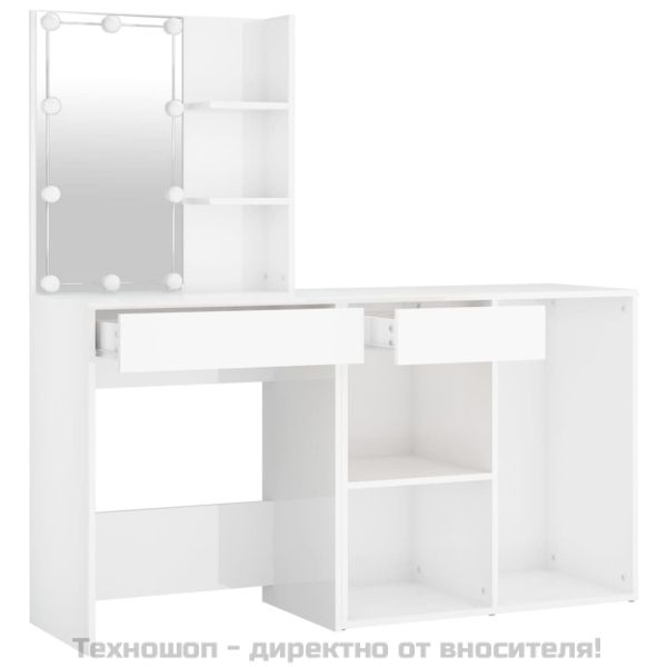 LED тоалетка с шкаф, бял гланц, инженерно дърво