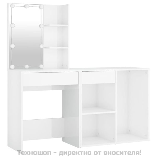 LED тоалетка с шкаф, бял гланц, инженерно дърво