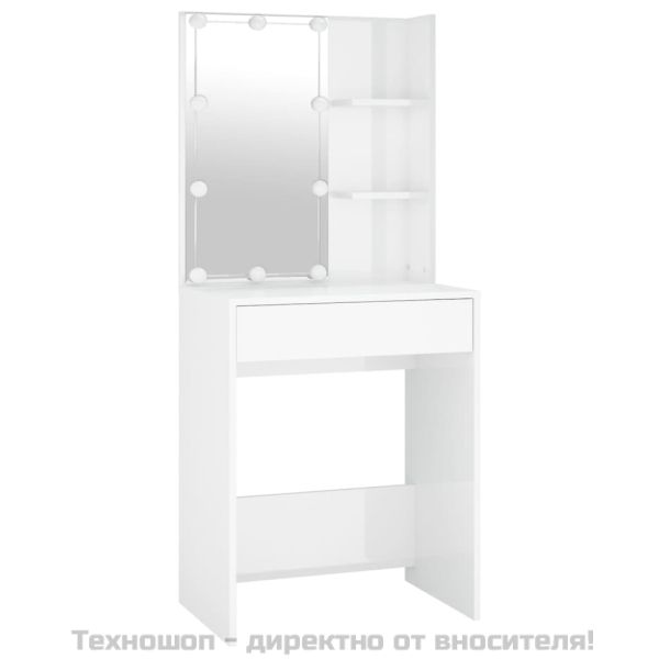 LED тоалетка с шкаф, бял гланц, инженерно дърво