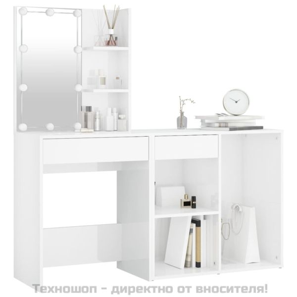 LED тоалетка с шкаф, бял гланц, инженерно дърво