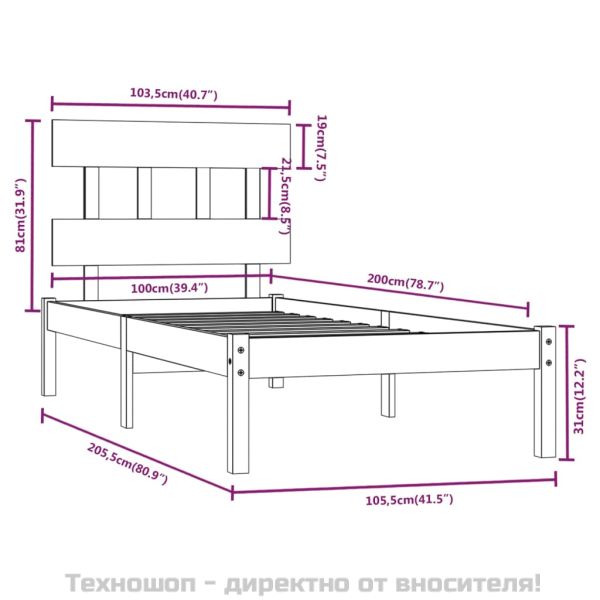 Рамка за легло, черна, дърво масив, 100х200 см