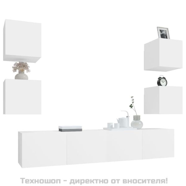 Комплект ТВ шкафове от 6 части, бял, инженерно дърво