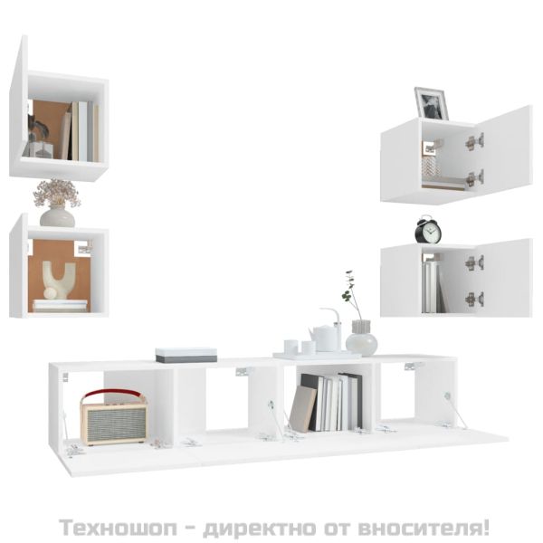 Комплект ТВ шкафове от 6 части, бял, инженерно дърво