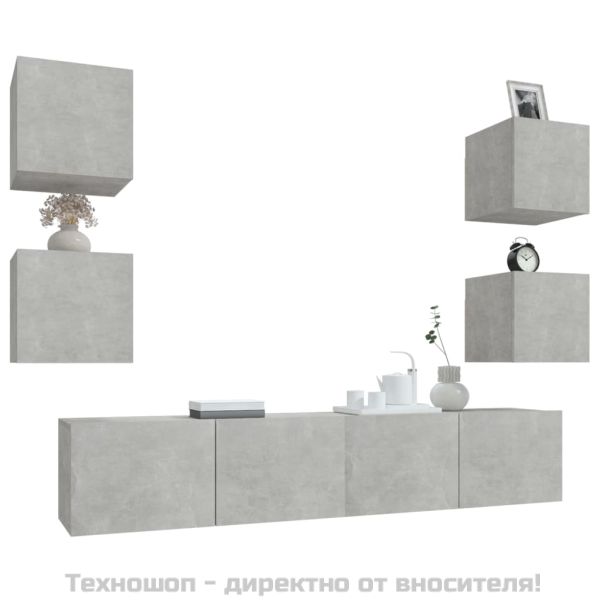 Комплект ТВ шкафове от 6 части, бетонно сив, инженерно дърво
