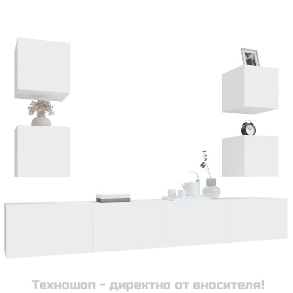 Комплект ТВ шкафове от 6 части, бял, инженерно дърво