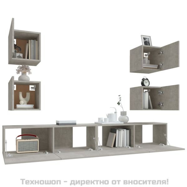 Комплект ТВ шкафове от 6 части, бетонно сив, инженерно дърво