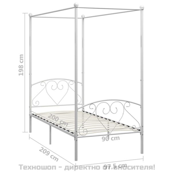Рамка за легло с балдахин, бяла, метал, 90x200 cм