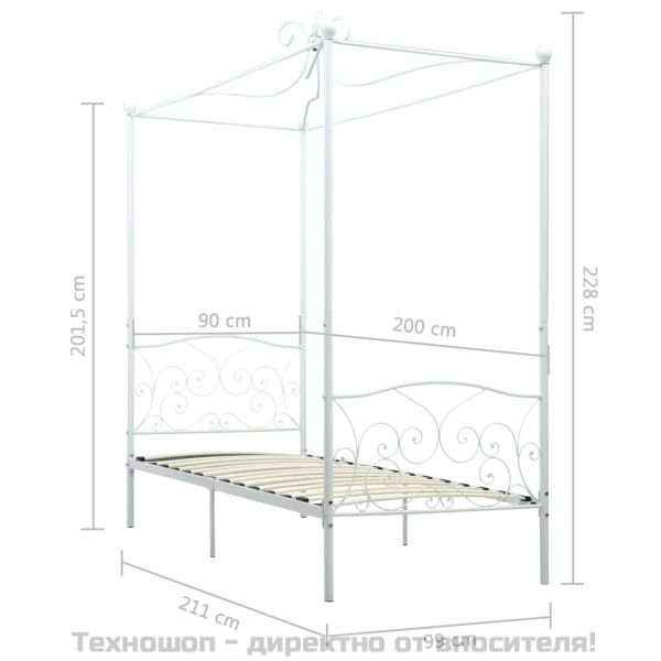 Рамка за легло с балдахин, бяла, метал, 90x200 cм