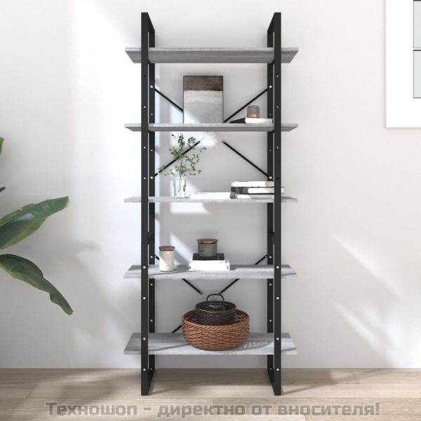 Библиотека на 5 нива, сив сонома, 80x30x175 см, инженерно дърво