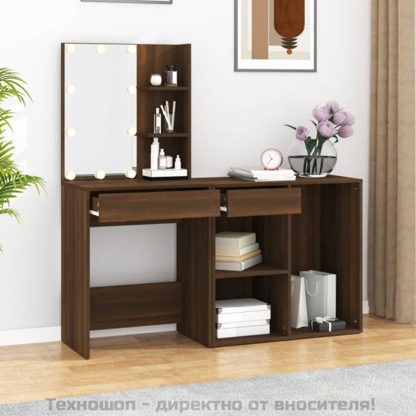 LED тоалетка с шкаф, кафяв дъб, инженерно дърво