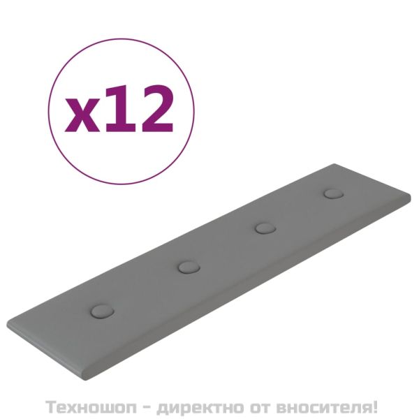 Стенни панели, 12 бр, сиви, 60x15 см, изкуствена кожа, 1,08 м²