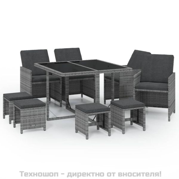 Градински трапезен комплект 9 части с възглавници сив полиратан