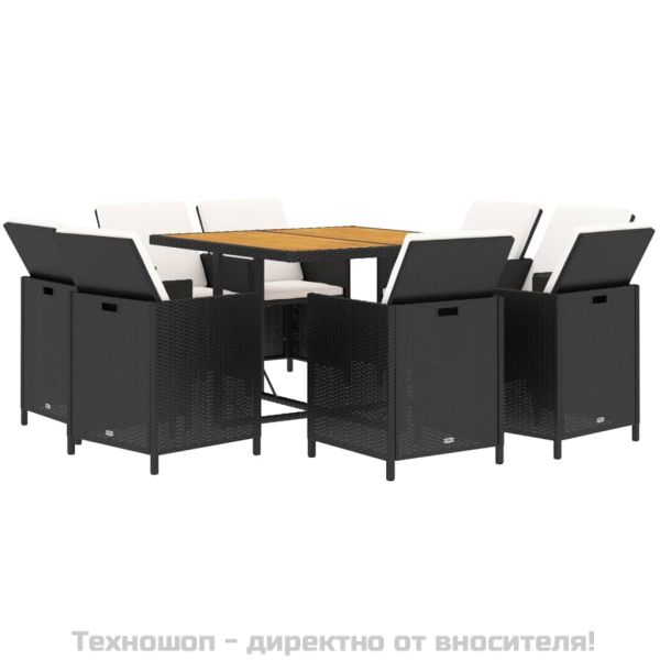 Градински трапезен комплект възглавници 9 части полиратан черен