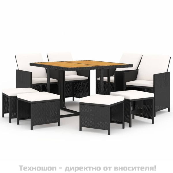 Градински трапезен комплект възглавници 9 части полиратан черен