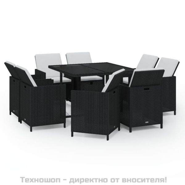 Градински трапезен комплект възглавници 9 части полиратан черен