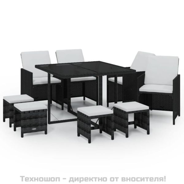 Градински трапезен комплект възглавници 9 части полиратан черен