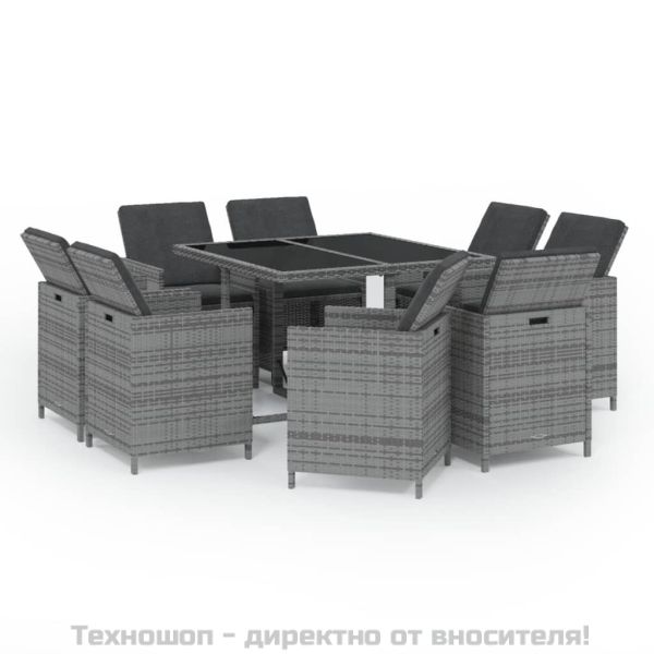 Градински трапезен комплект 9 части с възглавници сив полиратан